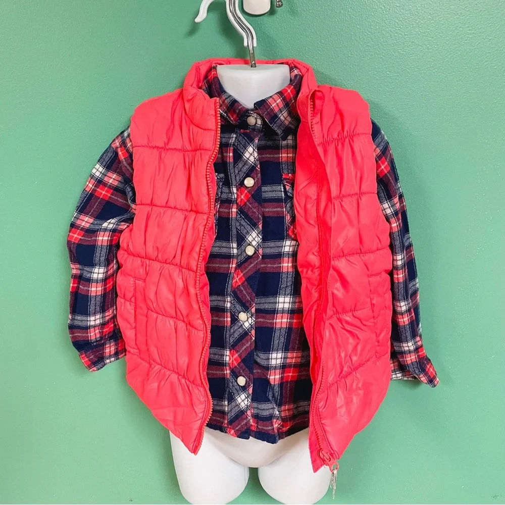Carters Pink & Navy Plaid Flannel & Puffer Vest Outfit Toddler Girls Size 4T